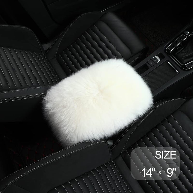 LLB Auto Center Console Cover Pad Universal Fit for SUV/Truck/Car, Genuine Sheepskin Wool Fur Car Armrest Seat Box Cover, Furry Fluffy Auto Armrest Cover Protector (White) - Image 2